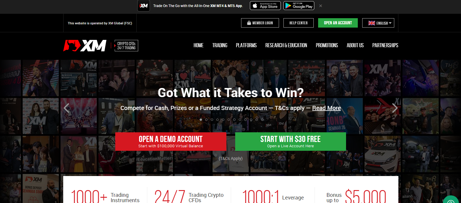 Funcionalidade do site do XM Group